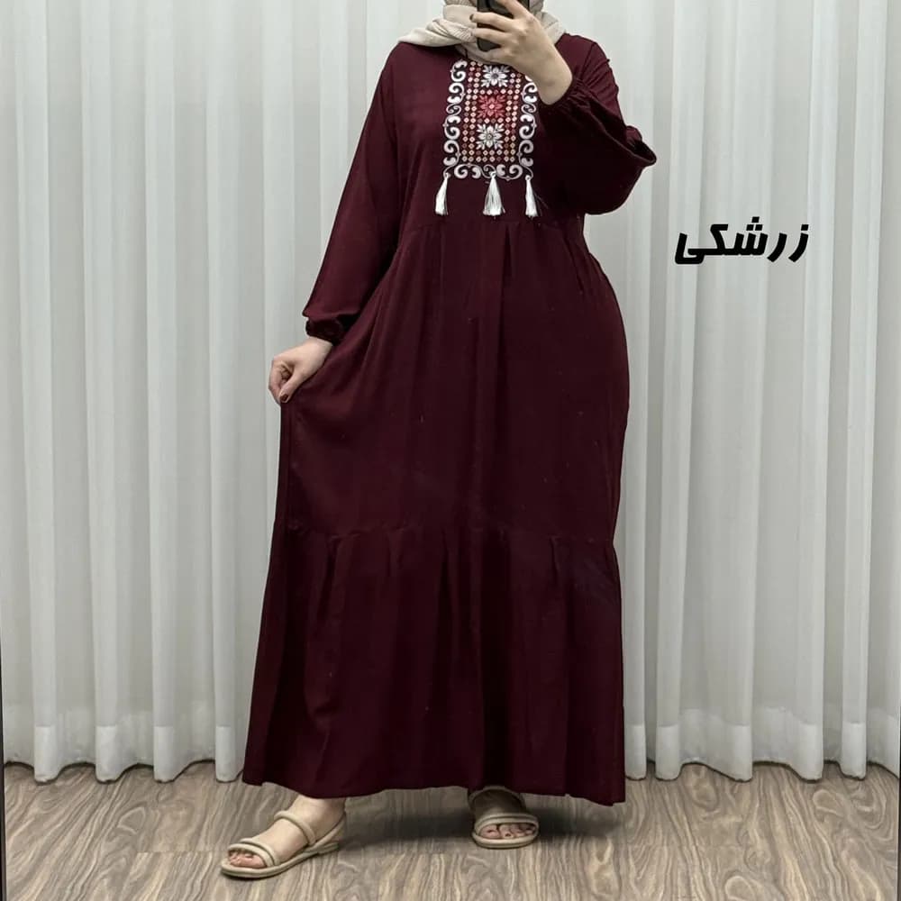 پیراهن نخی زنانه و دخترانه بلند منگولهدار فری سایز تا 50 — تصویر ۲