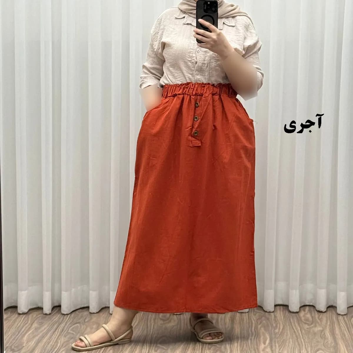 دامن لینن زنانه و دخترانه فری سایز مناسب تا سایز 48 قد 93 سانتیمتر — تصویر ۵