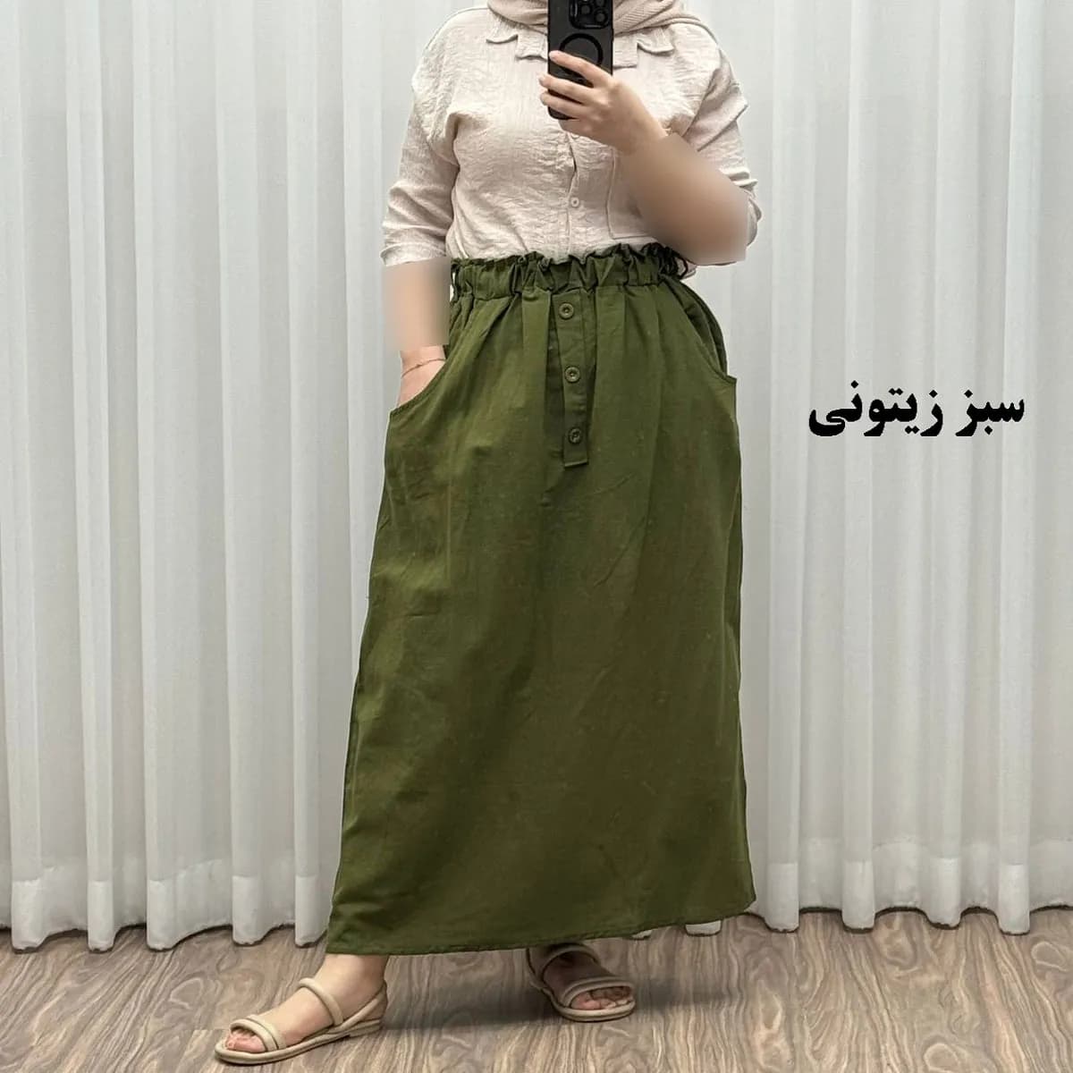 دامن لینن زنانه و دخترانه فری سایز مناسب تا سایز 48 قد 93 سانتیمتر — تصویر ۳