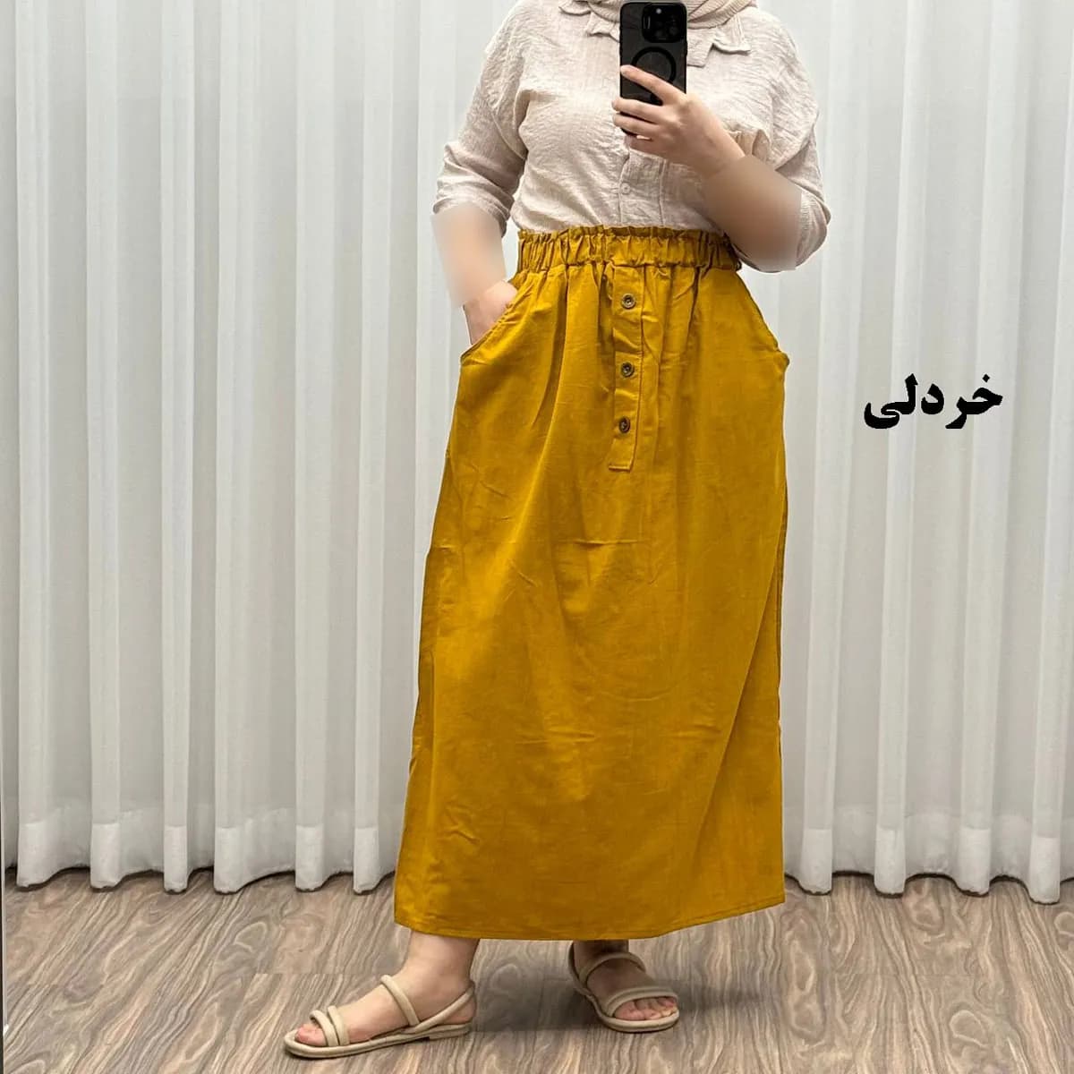 دامن لینن زنانه و دخترانه فری سایز مناسب تا سایز 48 قد 93 سانتیمتر — تصویر ۷