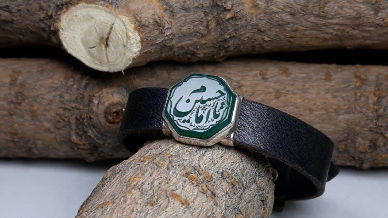 دستبند چرمی مردانه عقیق سبز خطی کد 450