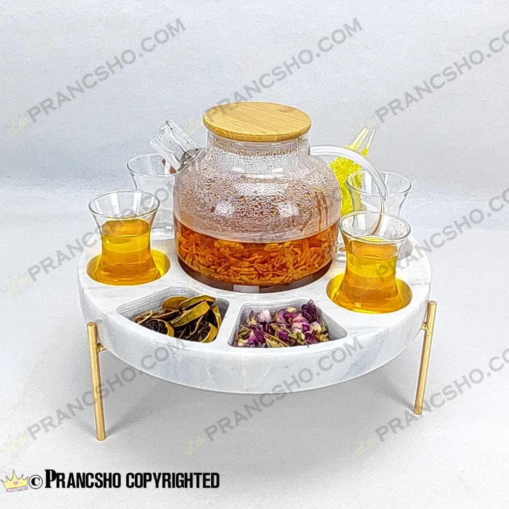 مزه و دمنوش خوری سنگی پایه میخی با جای وارمر سنگ سفید ازنا