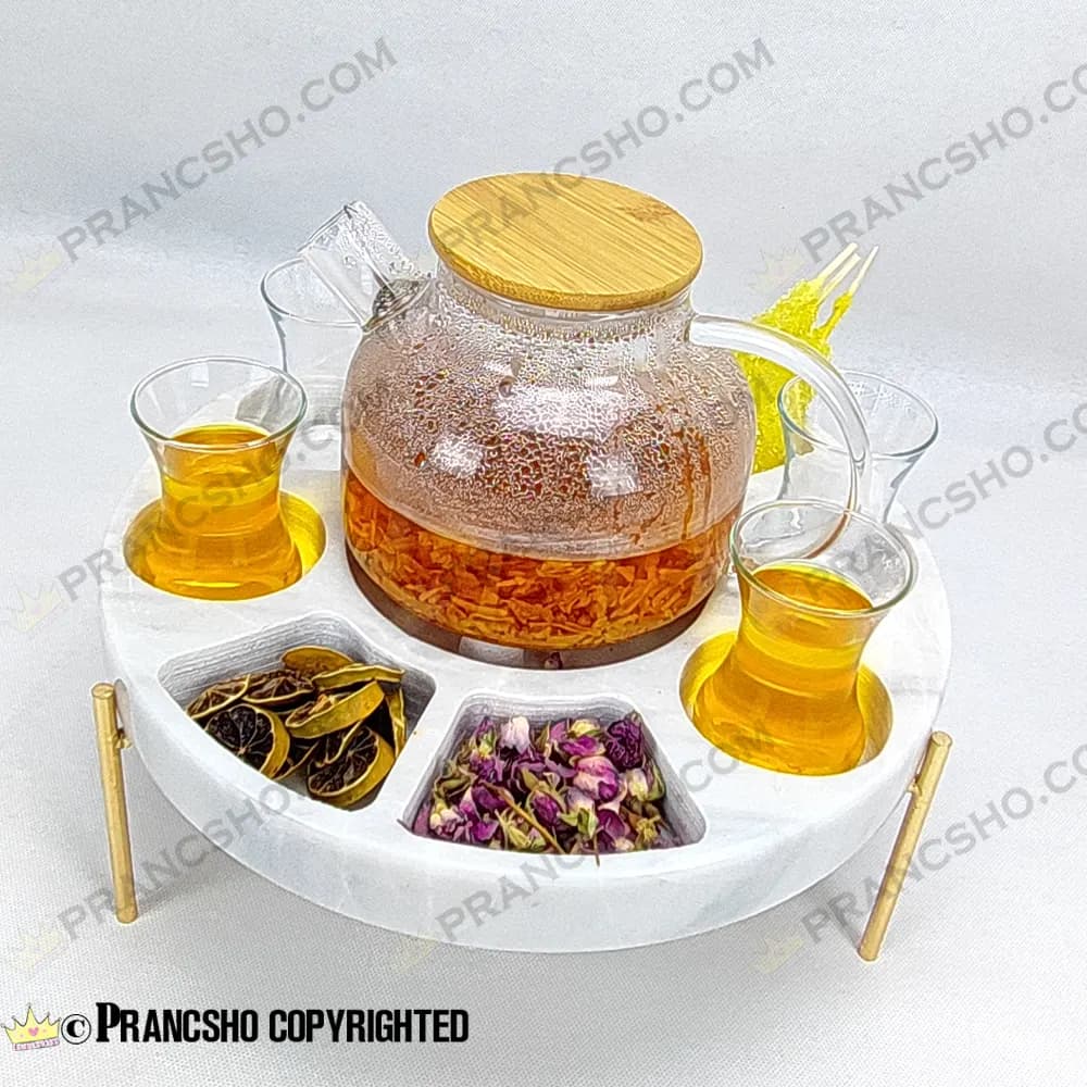 مزه و دمنوش خوری سنگی پایه میخی با جای وارمر سنگ سفید ازنا — تصویر ۴