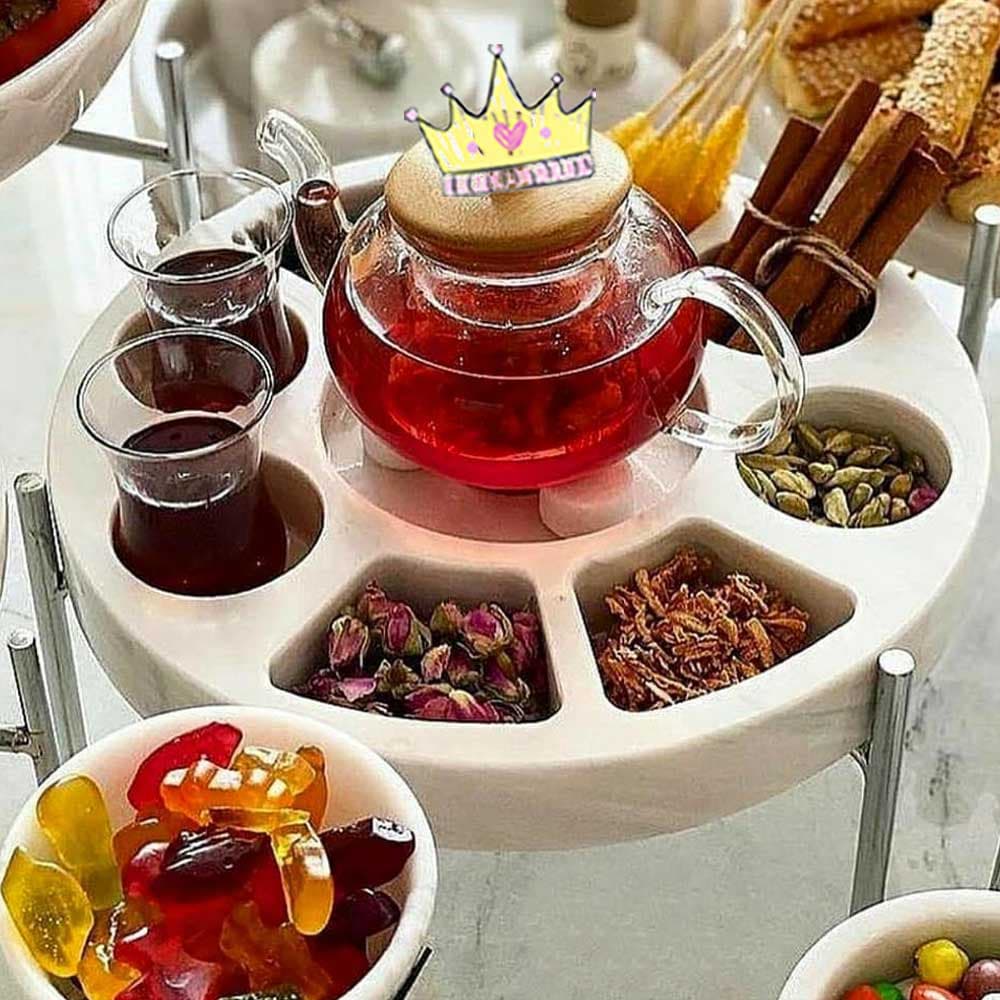 مزه و دمنوش خوری سنگی پایه میخی با جای وارمر سنگ سفید ازنا — تصویر ۵