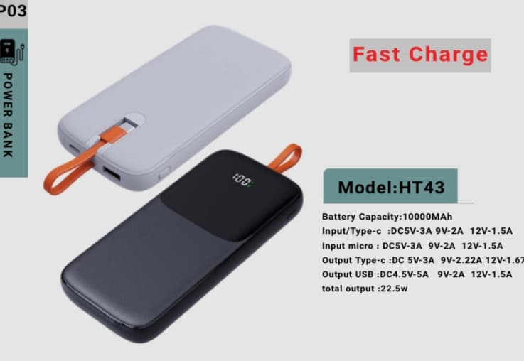پاوربانک ۱۰۰۰۰ میلی‌آمپر ۲۲.۵ وات HT43 با خروجی USB و Type-C
