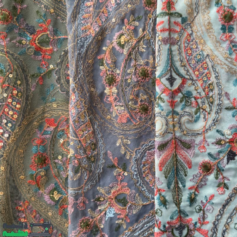 پارچه حریر زمینه سبز و گلدوزی — تصویر ۴