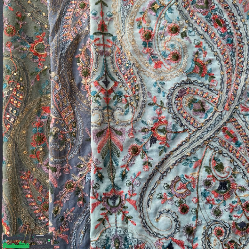 پارچه حریر زمینه سبز و گلدوزی — تصویر ۵