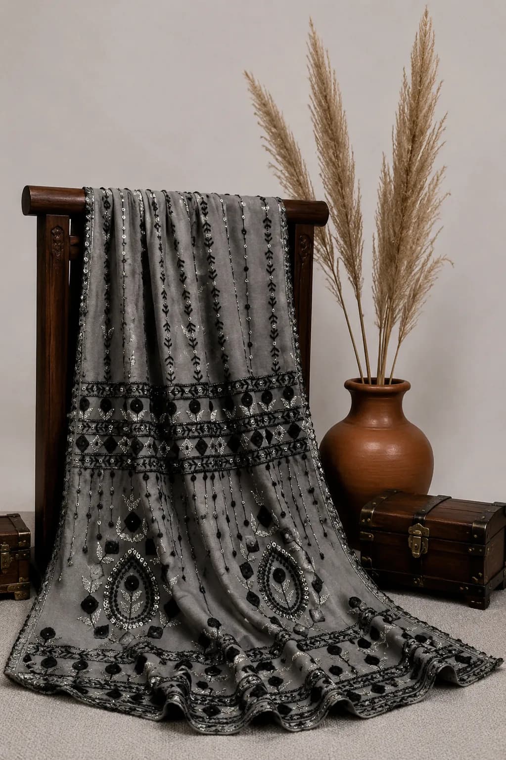 پارچه حریر طرحدار قهوه ای موکایی