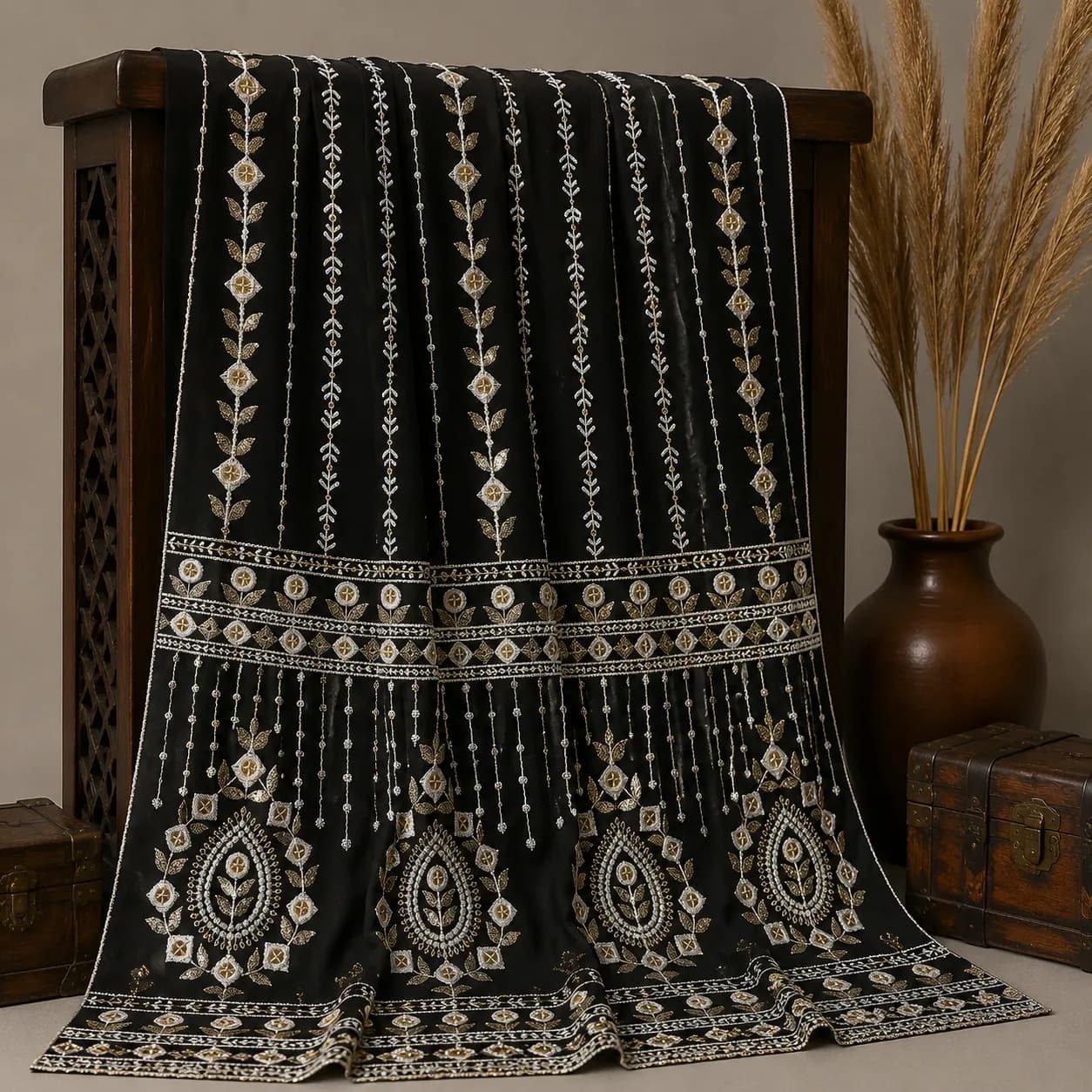 پارچه حریر طرحدار مشکی کلاسیک