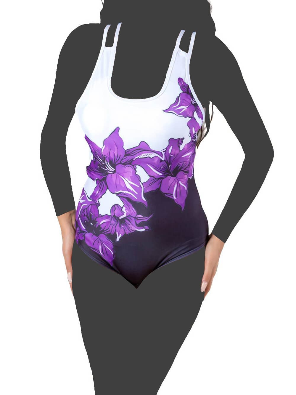 لباس مایو شنا زنانه کاپدار مدل اسلیپ طرح گل بنفش اسپیدو ( Speedo ) برای استخر شنا — تصویر ۳