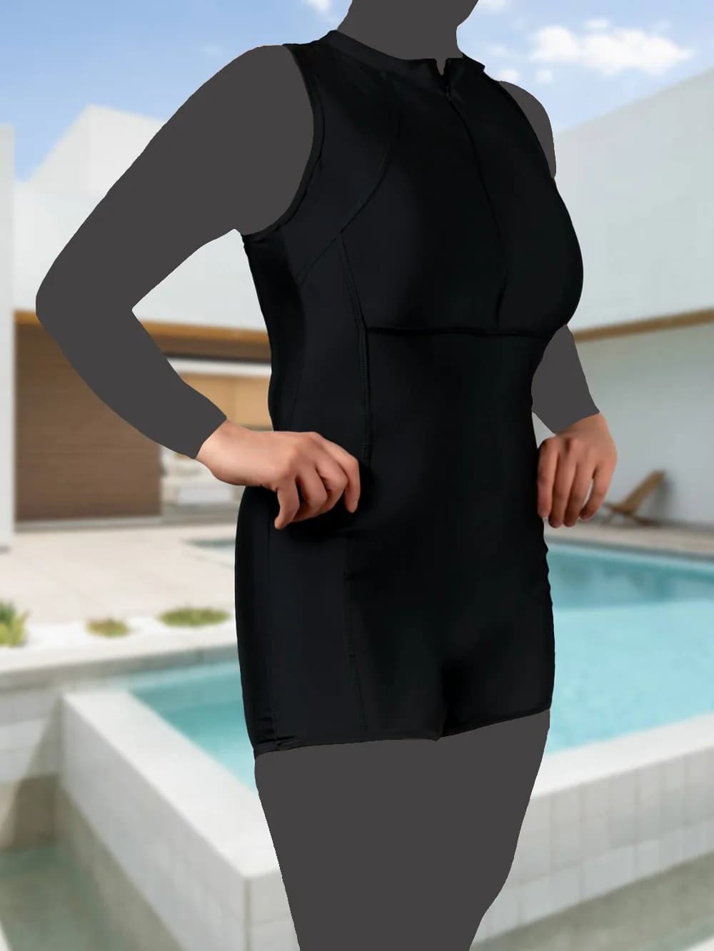 مایو پادار زنانه خاص و یقه بسته گرد و زیپ دار مشکی اسپیدو ( Speedo ) بدون کاپ — تصویر ۳