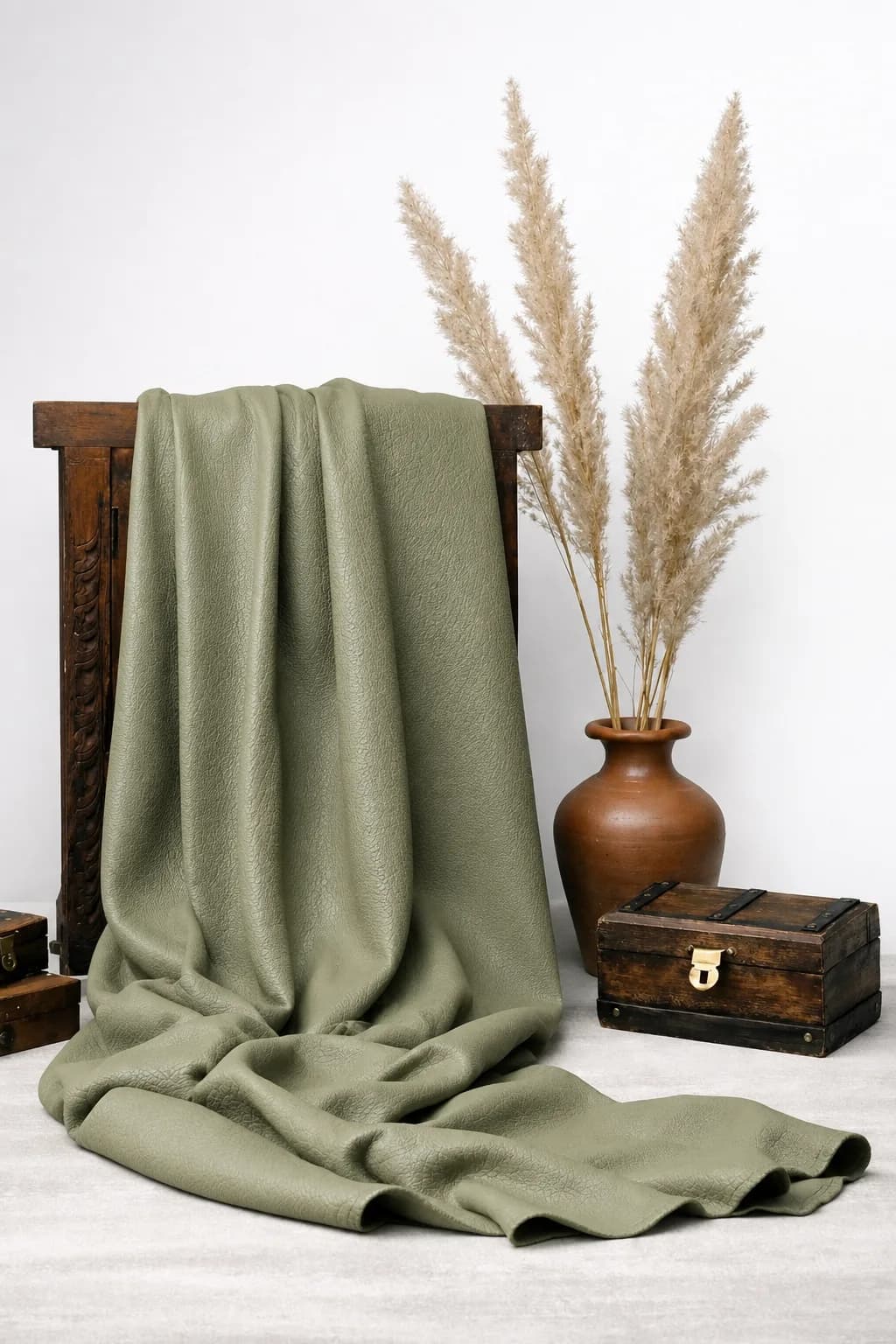 پارچه چرم پشت کتان سبز خاکی