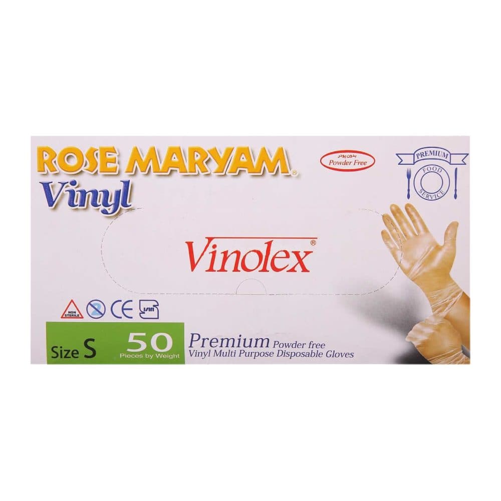 دستکش یکبار مصرف رز مریم Rose Maryam مدل Vinolex وینیل سایز کوچک بسته 50 عددی — تصویر ۲