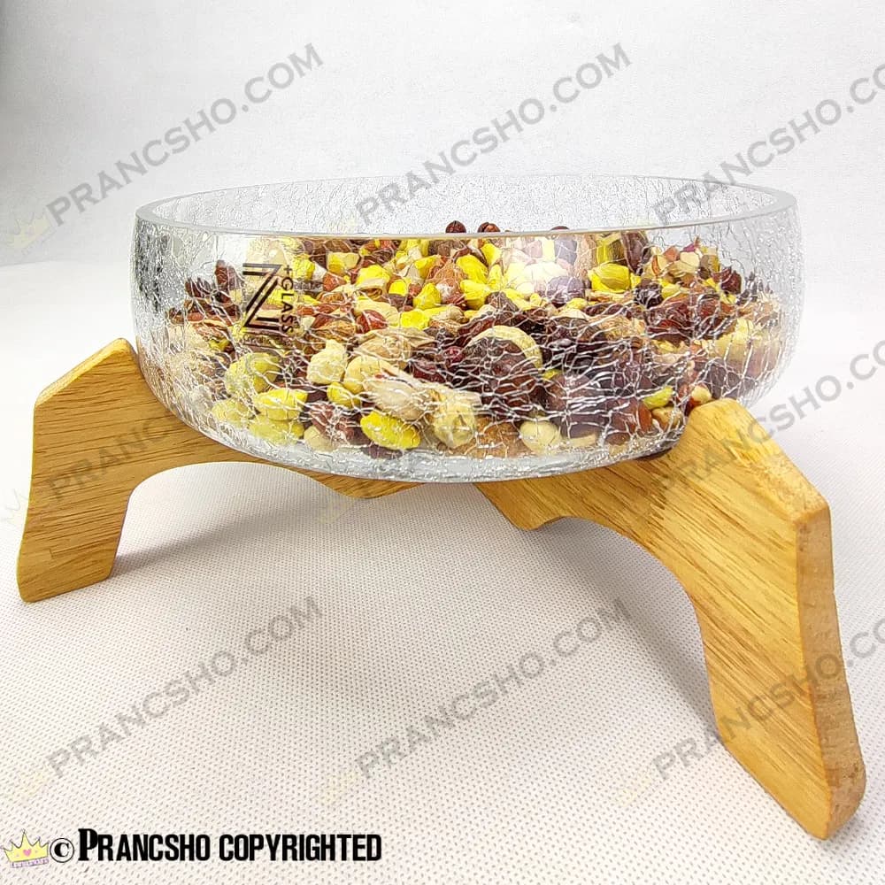 آجیل خوری شیشه ای شانا شیشه الماسی (ترک دار) با پایه چوبی — تصویر ۳