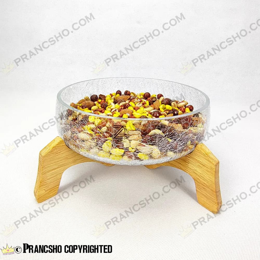 آجیل خوری شیشه ای شانا شیشه الماسی (ترک دار) با پایه چوبی — تصویر ۲