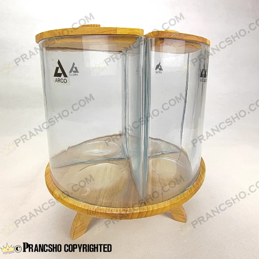 استند جا حبوباتی چهار قلو دایره‌ای شیشه‌ای با در و پایه چوبی چرخشی طرح لیما — تصویر ۶