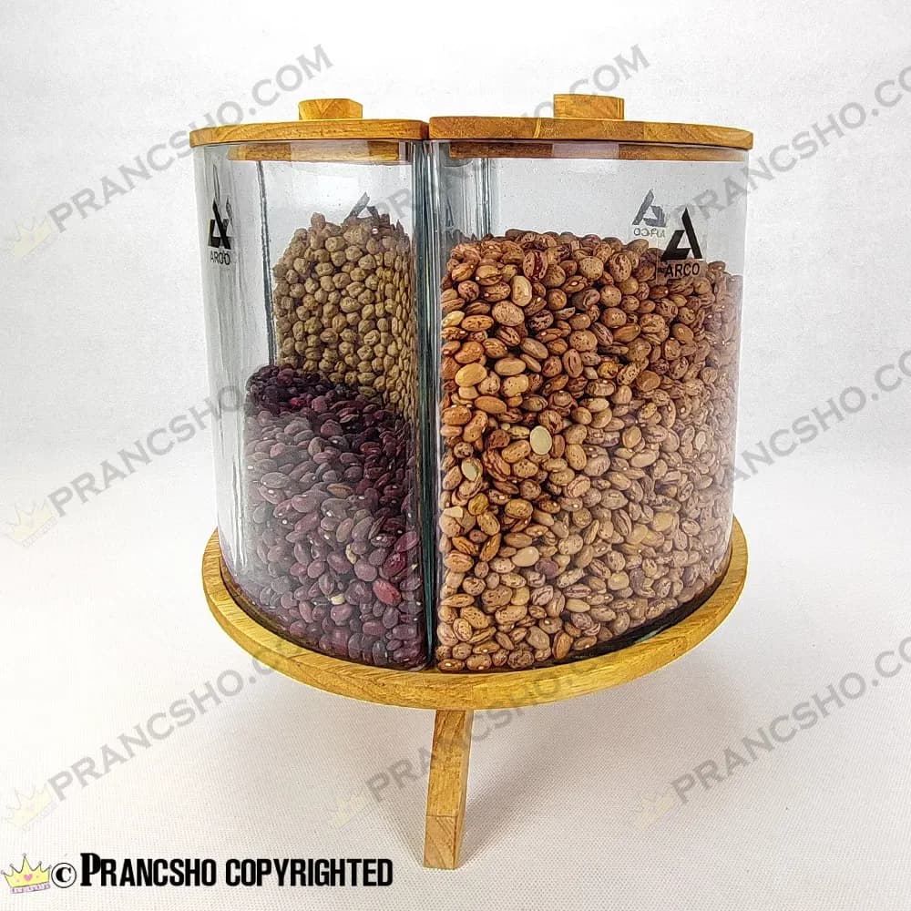 استند جا حبوباتی چهار قلو دایره‌ای شیشه‌ای با در و پایه چوبی چرخشی طرح لیما — تصویر ۸