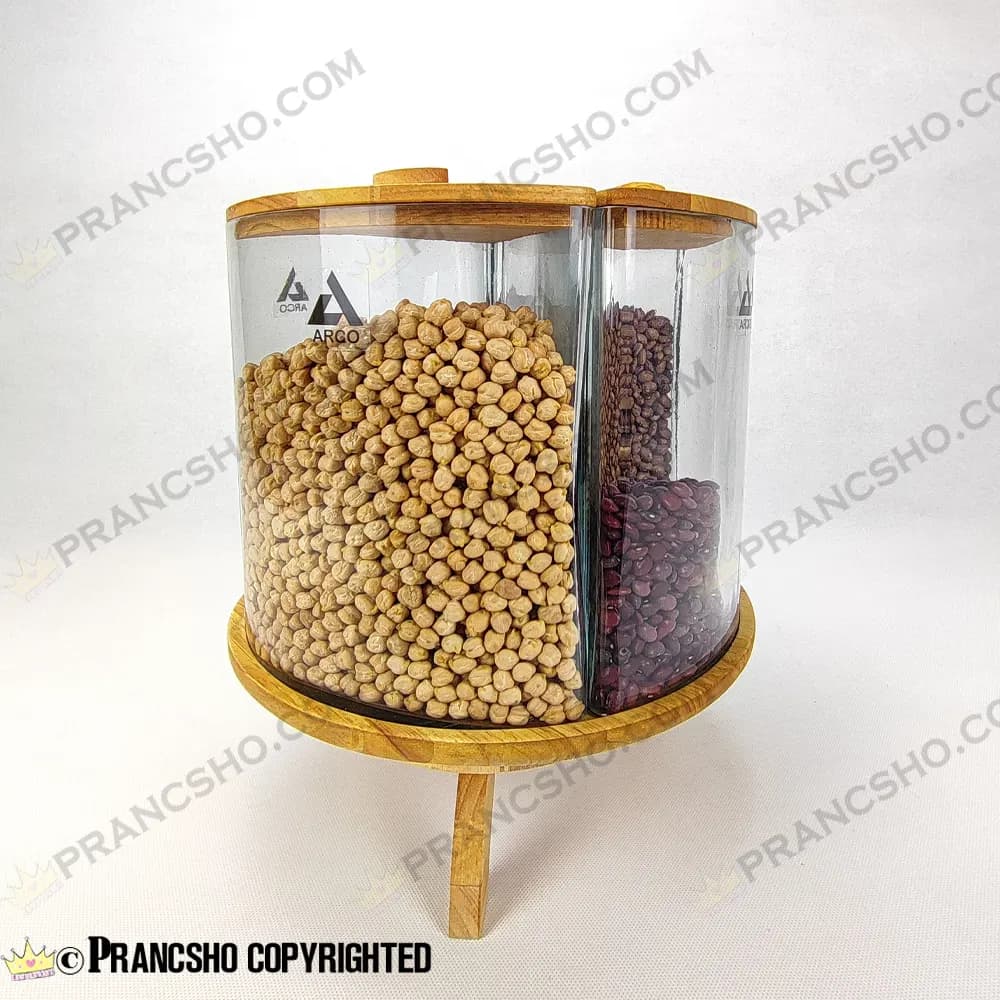 استند جا حبوباتی چهار قلو دایره‌ای شیشه‌ای با در و پایه چوبی چرخشی طرح لیما — تصویر ۵