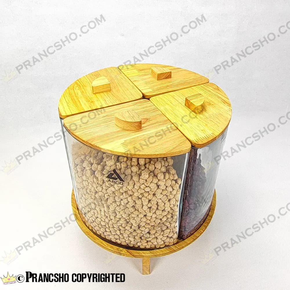 استند جا حبوباتی چهار قلو دایره‌ای شیشه‌ای با در و پایه چوبی چرخشی طرح لیما — تصویر ۷