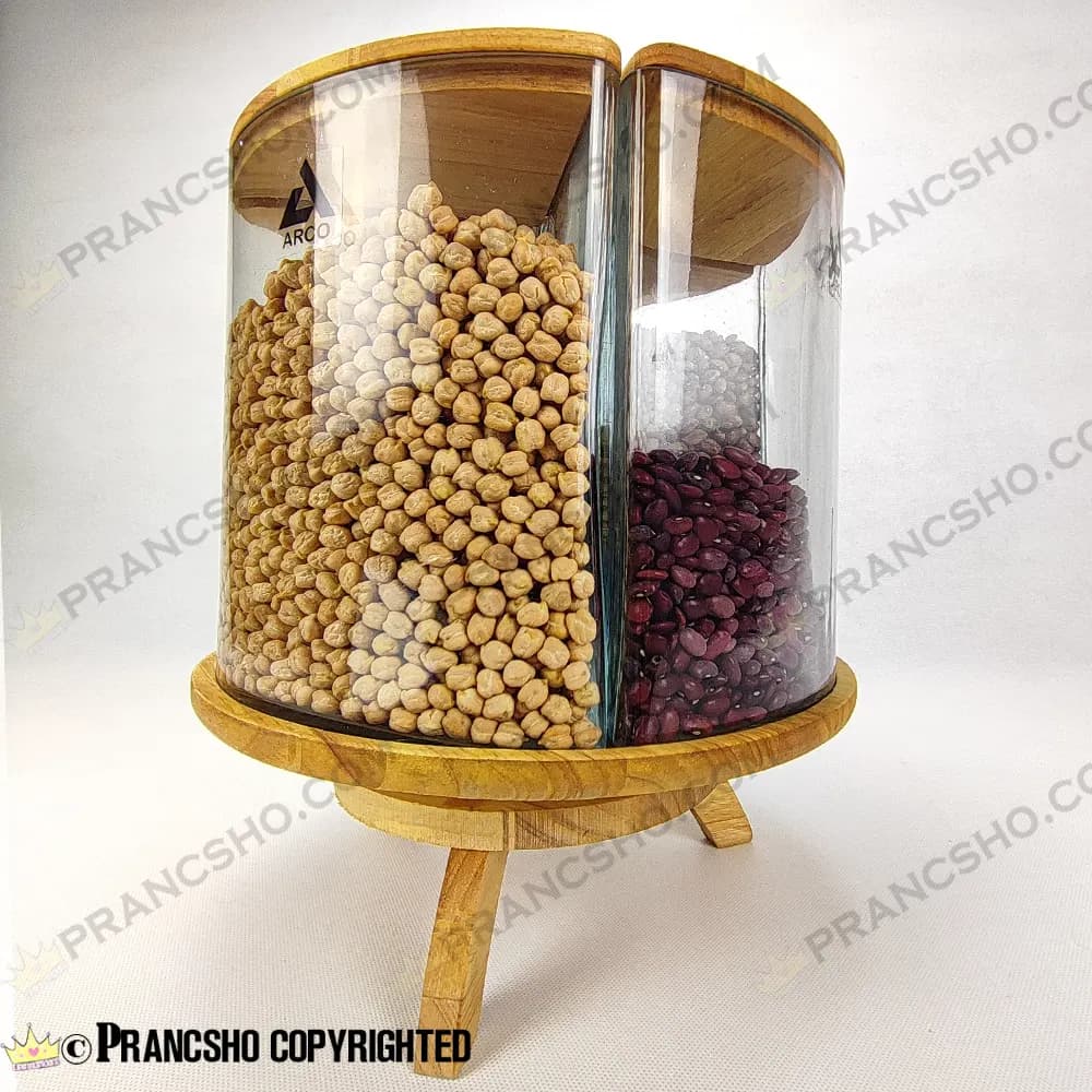 استند جا حبوباتی چهار قلو دایره‌ای شیشه‌ای با در و پایه چوبی چرخشی طرح لیما — تصویر ۳