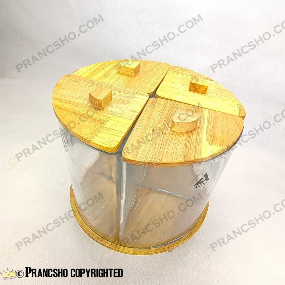 استند جا حبوباتی چهار قلو دایره‌ای شیشه‌ای با در و پایه چوبی چرخشی طرح لیما — تصویر ۴
