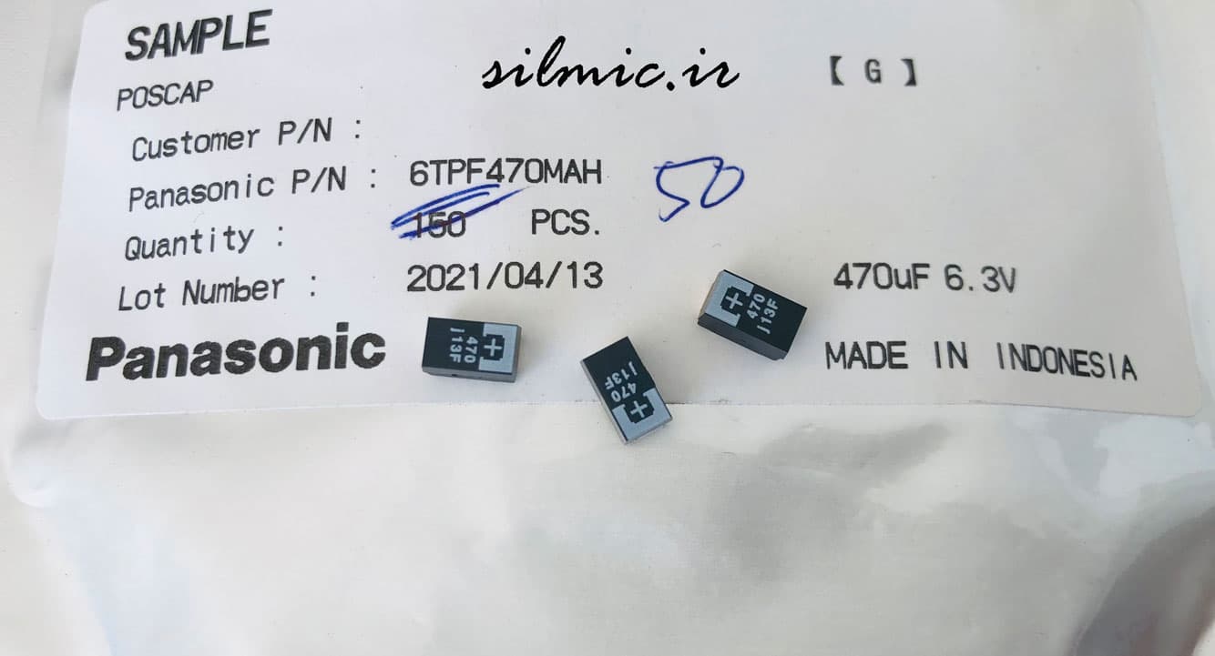 خازن پلیمر جامد تانتالیوم 470 میکرو فاراد 6.3 ولت Panasonic super Low ESR سری TPF — تصویر ۲