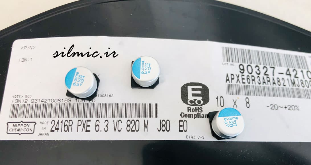 خازن پلیمر جامد 820 میکرو فاراد 6.3 ولت NIPPON سری PXE و Super low ESR