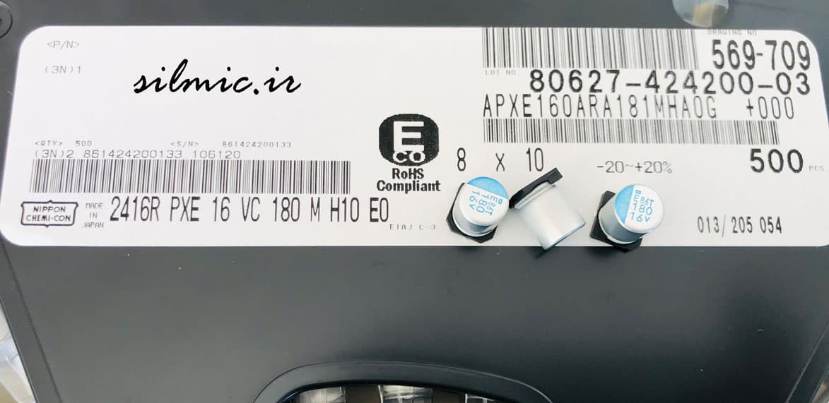 خازن پلیمر جامد 180 میکرو فاراد 16 ولت NIPPON سری PXE و Super low ESR