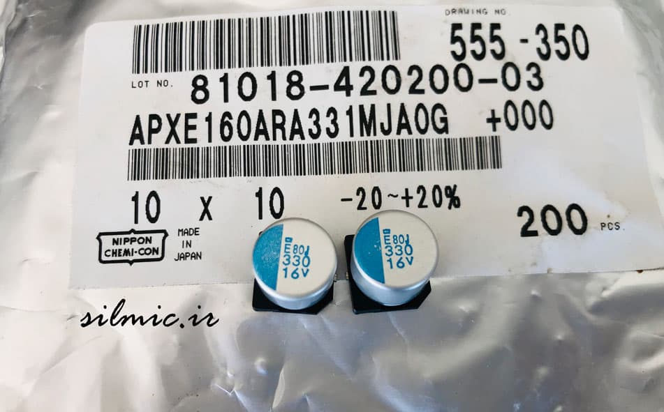 خازن پلیمر جامد 330 میکرو فاراد 16 ولت NIPPON سری PXE و Super low ESR — تصویر ۲