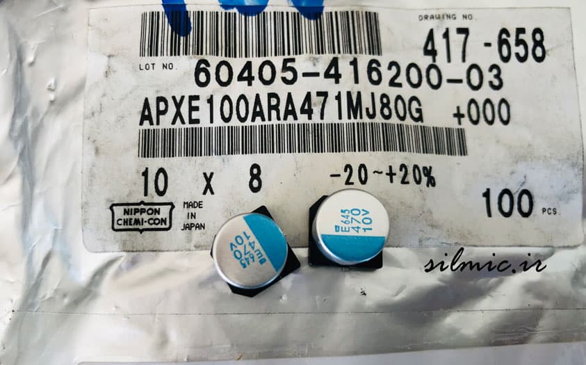 خازن پلیمر جامد 470 میکرو فاراد 10 ولت NIPPON سری PXE و Super low ESR