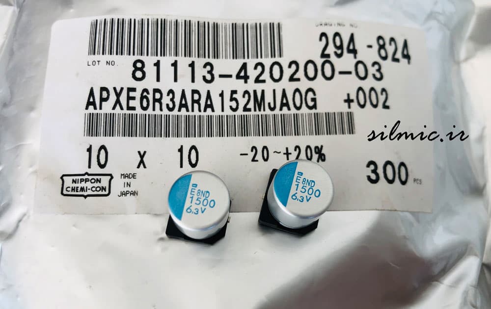 خازن پلیمر جامد 1500 میکرو فاراد 6.3 ولت NIPPON سری PXE و Super low ESR