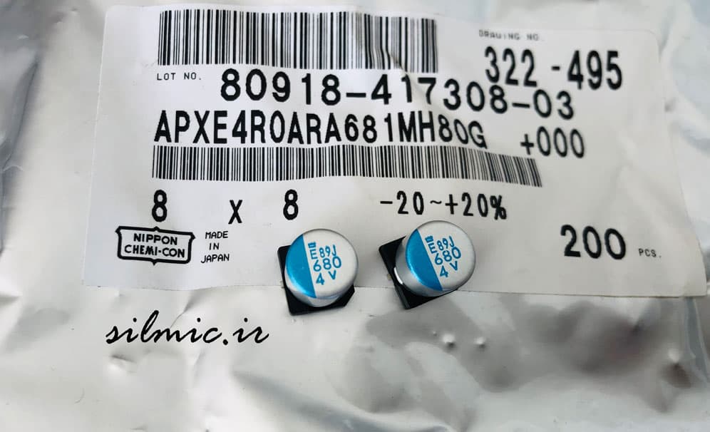 خازن پلیمر جامد 680 میکرو فاراد 4 ولت NIPPON سری PXE و Super low ESR