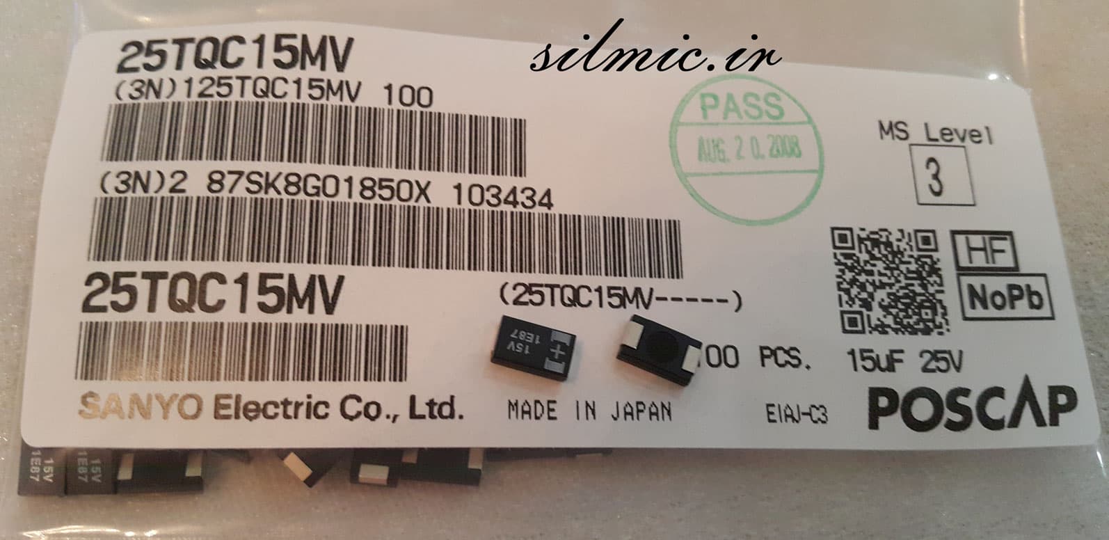 خازن تانتالیوم 15 میکرو فاراد 25 ولت Very Low ESR ساخت SANYO TQC سایز D — تصویر ۳