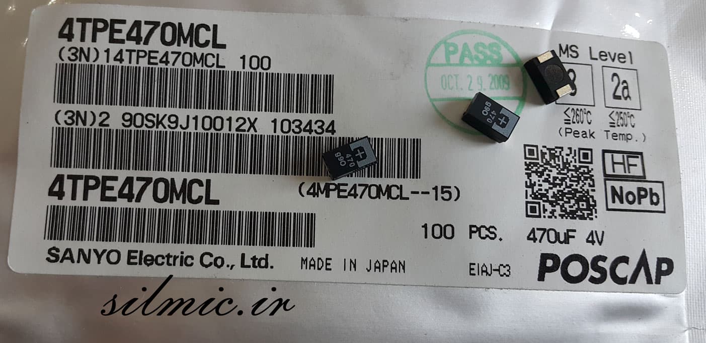 خازن تانتالیوم 470 میکرو فاراد 4 ولت SMD ساخت SANYO سری 4TPE470MCL — تصویر ۳