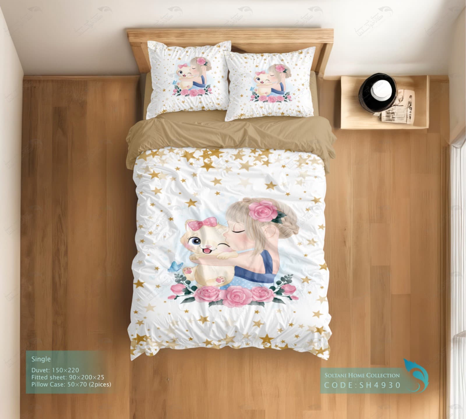 روتختی و ست کامل طرح دخترک و پیشی سایز یکنفره کد SH4930