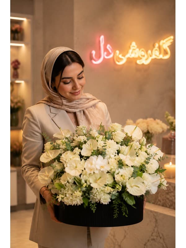 سبد گل نمایشگاه با لیلیوم سفید برای افتتاح و تبریک