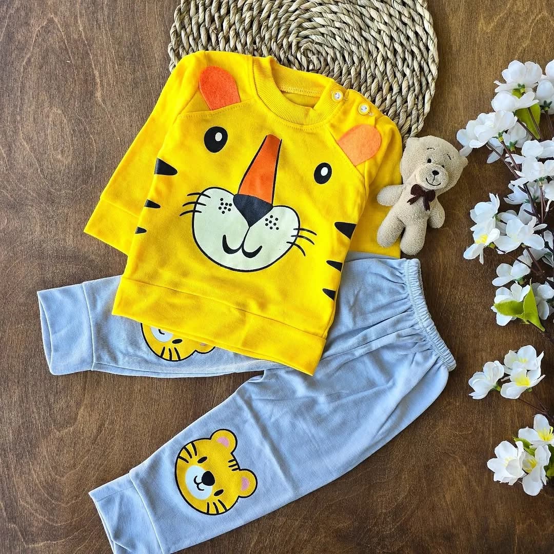 بلوز شلوار ببر زرد طوسی گوش دار سایز 30 تا 40 کد 4102