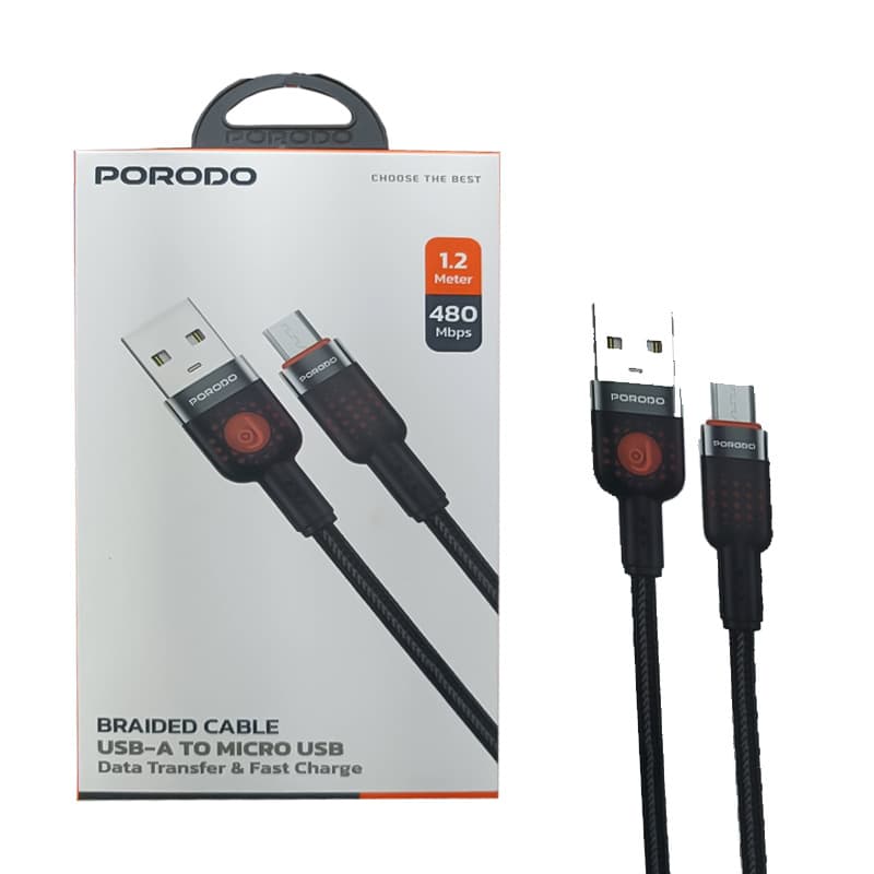 کابل شارژ و دیتا میکرو فست کنفی 1.2متری پرودو مدل Porodo alum alloy braided cable CBL0011