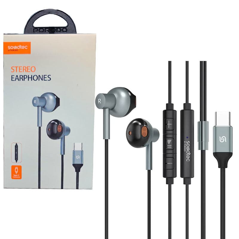 هدفون سیمدار میکروفن دار سوکت Type-cسر استخوانی Porodo soundtec stereo earphones
