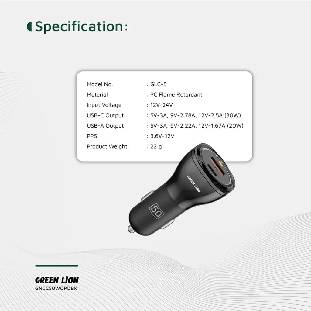 شارژر فندکی 2 پورت PD و QC سوپرفست 50 وات مدل Green Lion Dual Port GL-C5 — تصویر ۸