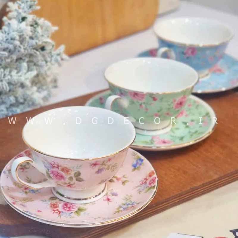فنجان نعلبکی سرامیکی رنگی گلدار طرح انگلیسی پایه دار — تصویر ۳