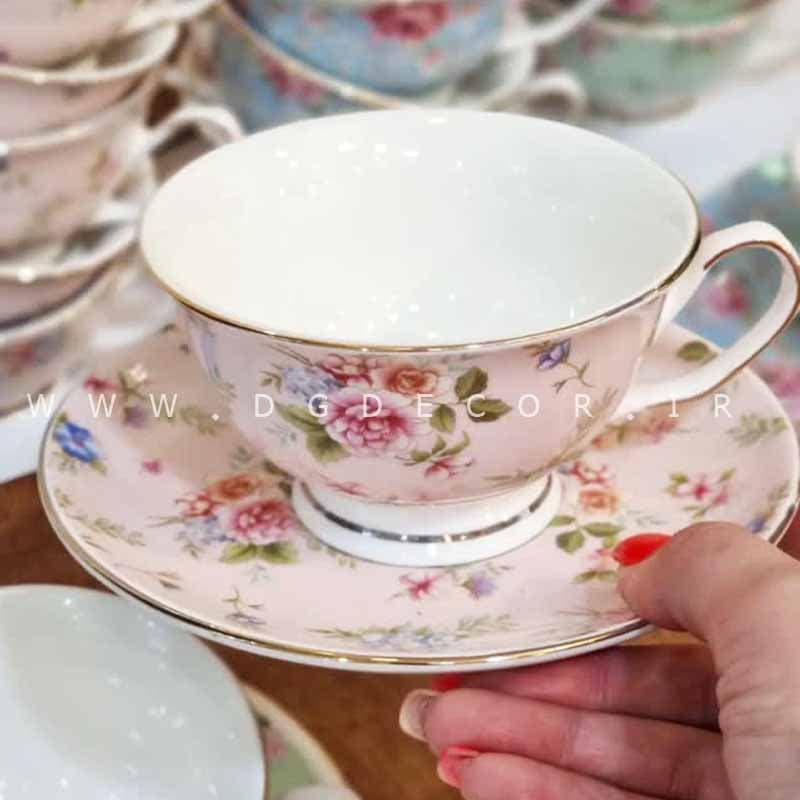فنجان نعلبکی سرامیکی رنگی گلدار طرح انگلیسی پایه دار — تصویر ۴