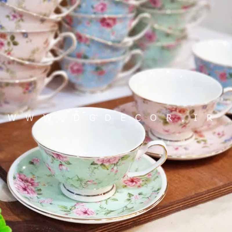 فنجان نعلبکی سرامیکی رنگی گلدار طرح انگلیسی پایه دار — تصویر ۷