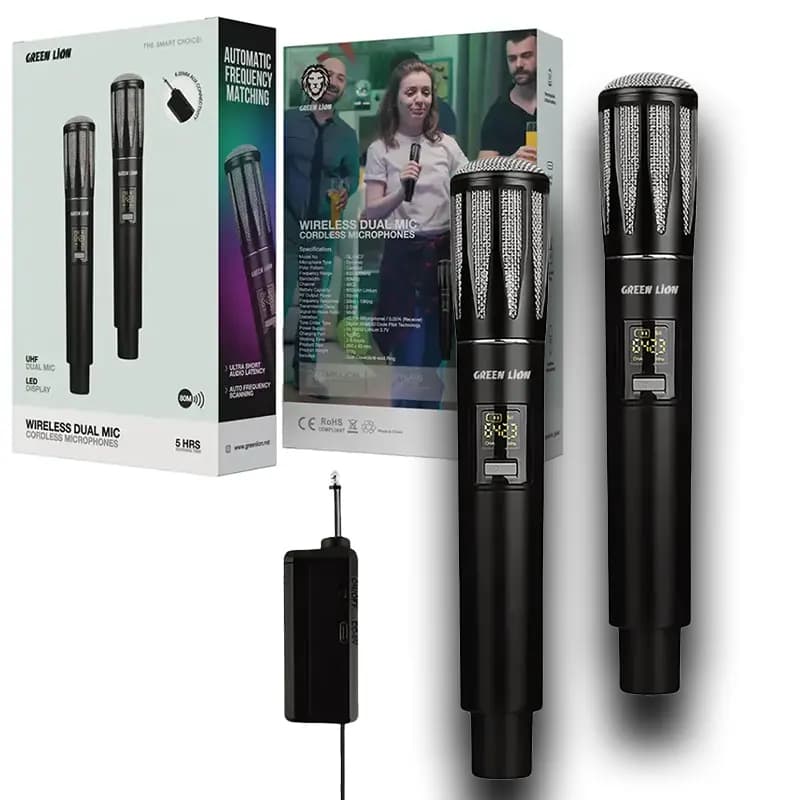 میکروفن دستی 2عددی بیسیم شارژی Green Lion Wireless Dual Mic Cordless Microphone — تصویر ۲