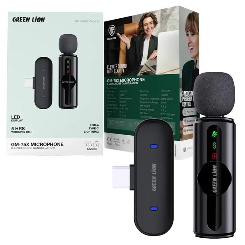 میکروفن یقه ای بیسیم شارژی 1عددی Green Lion GM-75X Microphone 3 In 1،Type-c,lightning,USB ANC
