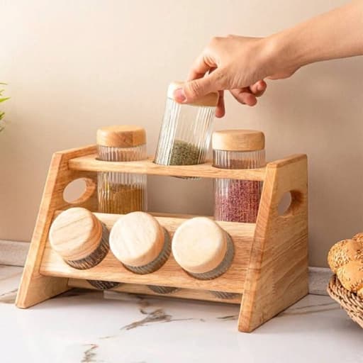 استند ادويه چوبی کج 6 عددی شیشه راه راه