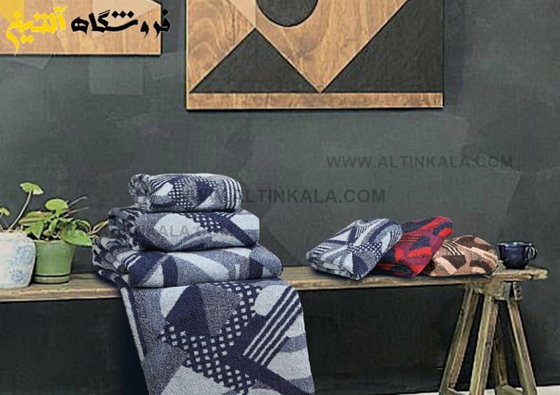 حوله حمامی برق لامع طرح کوبیسم دایره سرمه ای سایز 100×165 — تصویر ۲