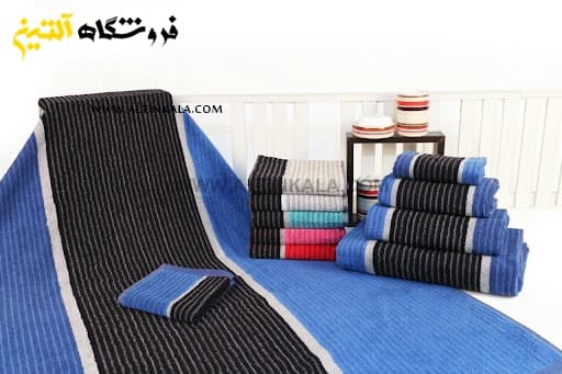 حوله حمامی برق لامع طرح موزیکال آبی سایز 100×165 — تصویر ۲