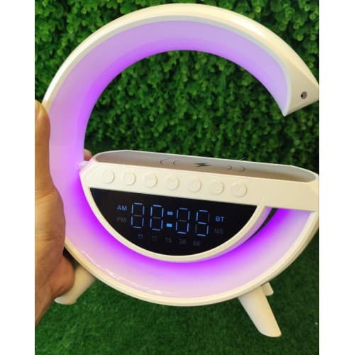 چراغ خواب RGB جی شکل دارای رقص نور اسپیکر دار شارژر وایرلس ساعت دار — تصویر ۶