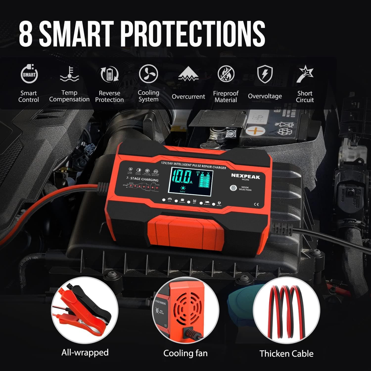 شارژر باتری خودرو NEXPEAK NC201 10A | 12V/24V، 7 مرحله‌ای و تعمیر پالس — تصویر ۳